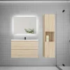 AICA Sanitaire Ensemble meuble chêne et vasque L.80cm 2 tiroirs + colonne haute + lavabo + miroir 80x60cm-suspendu