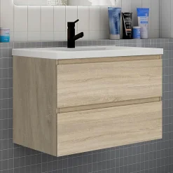 AICA Sanitaire Ensemble meuble chêne et vasque L.80cm 2 tiroirs + colonne haute + lavabo + miroir 80x60cm-suspendu