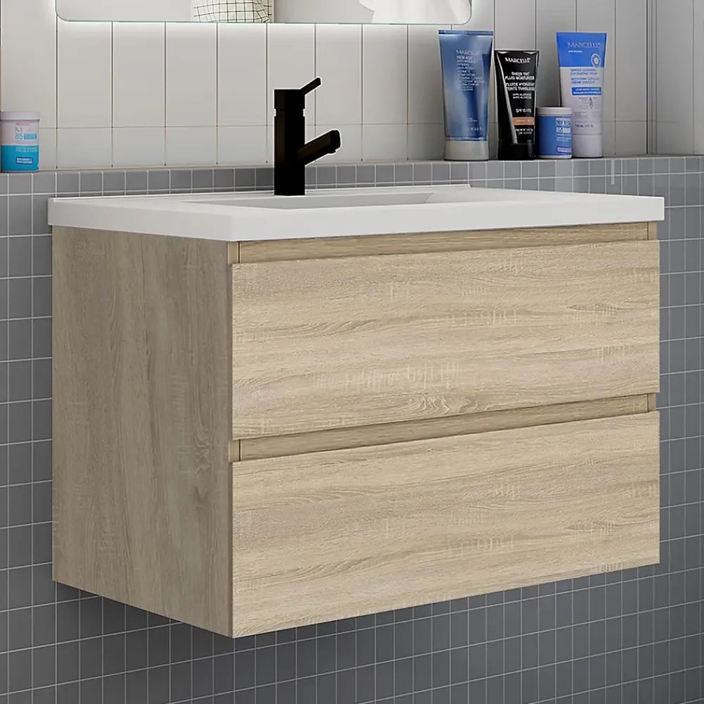 AICA Sanitaire Ensemble meuble chêne et vasque L.80cm 2 tiroirs + colonne haute + lavabo + miroir 80x60cm-suspendu
