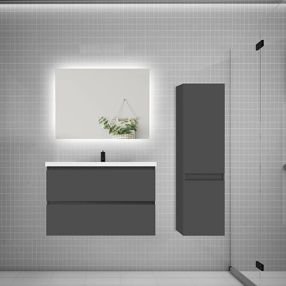 AICA Sanitaire Ensemble meuble de salle de bain et lavabo anthracite (L.80cm) 2 tiroirs + meuble haut + lavabo + miroir LED