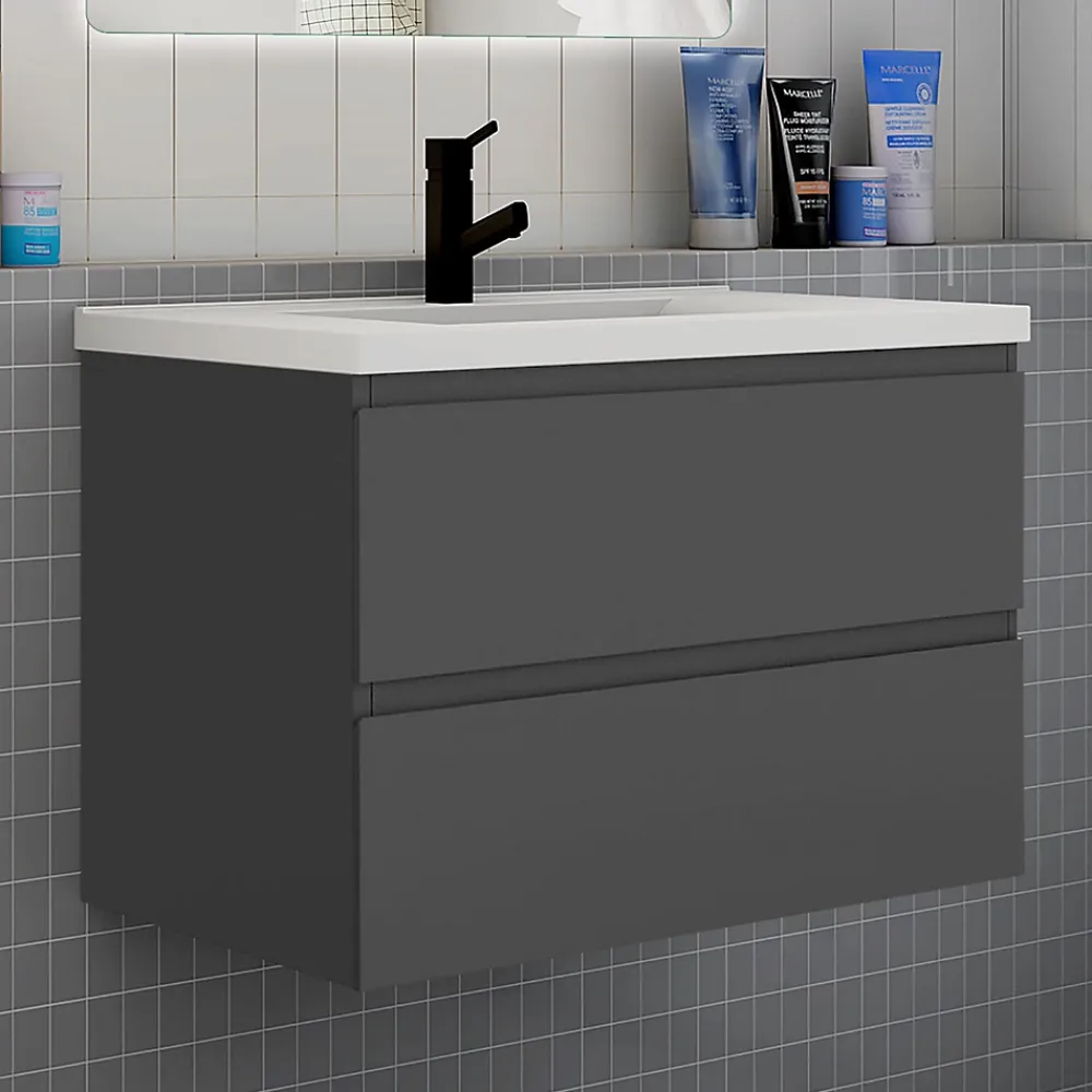 AICA Sanitaire Ensemble meuble de salle de bain et lavabo anthracite (L.80cm) 2 tiroirs + meuble haut + lavabo + miroir LED