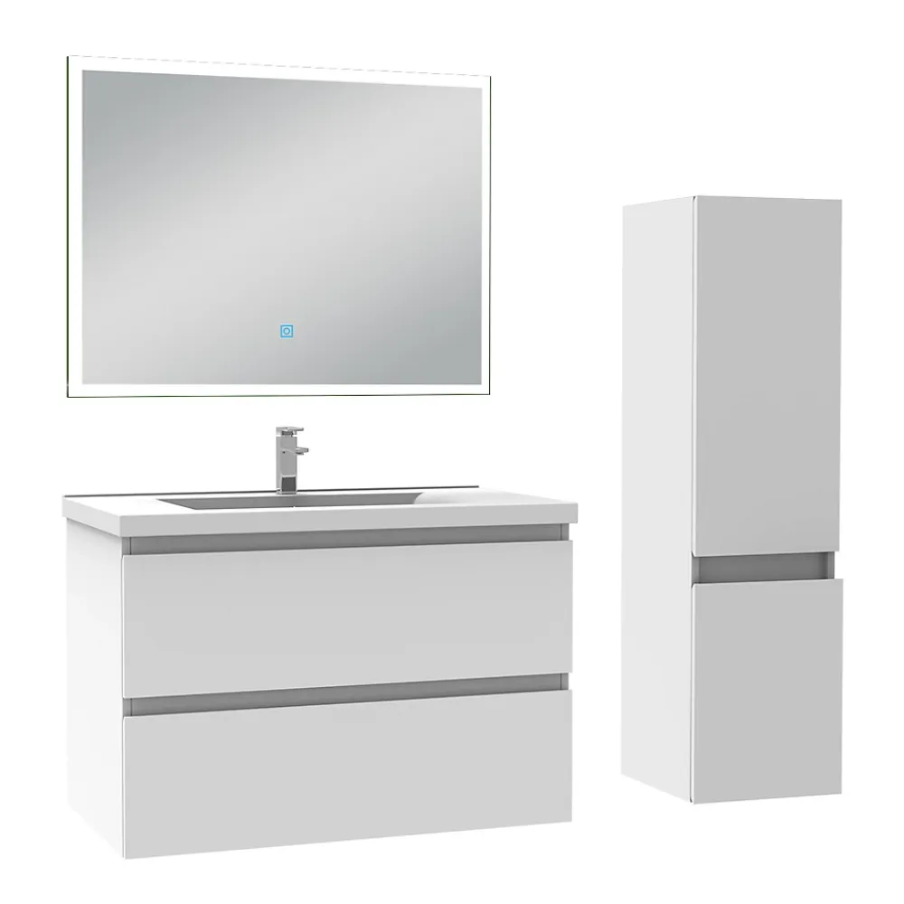 AICA Sanitaire Ensemble meuble de salle de bain 80cm, vasque céramique + colonne + miroir lumineux, blanc