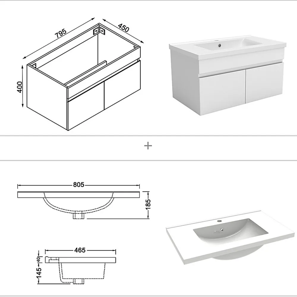 AICA Sanitaire Ensemble meuble de salle de bain 80cm simple vasque + colonne de rangement + miroir lumineux Blanc