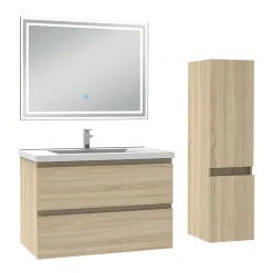 AICA Sanitaire Ensemble meuble de salle de bain 80cm, vasque céramique + colonne + LED miroir rectangulaire, chêne