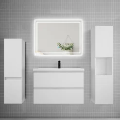 Ensemble Meuble De Salle De Bains|AICA Sanitaire Ensemble meuble de salle de bains 80cm, simple vasque et colonne et LED miroir,blanc