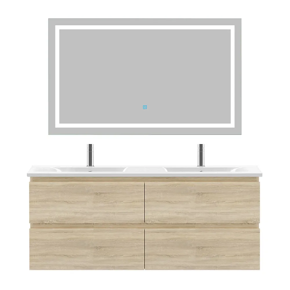 AICA Sanitaire Ensemble meuble de salle de bain 120cm, vasque céramique et LED miroir, chêne