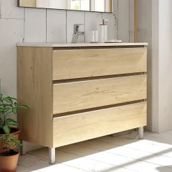 Cosyneo Ensemble meuble de salle de bain 80cm simple vasque + colonne de rangement PALMA - bambou (chêne clair)