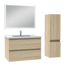 Ensemble Meuble De Salle De Bains|AICA Sanitaire Ensemble meuble de salle de bain 80cm, vasque céramique + colonne + miroir lumineux, chêne