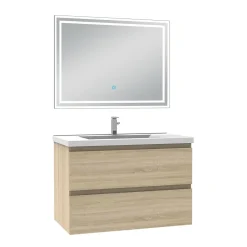 AICA Sanitaire Ensemble meuble de salle de bain 80cm, vasque céramique et LED miroir mural, chêne