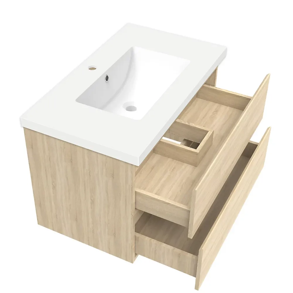 AICA Sanitaire Ensemble meuble de salle de bain 80cm, vasque céramique et LED miroir mural, chêne