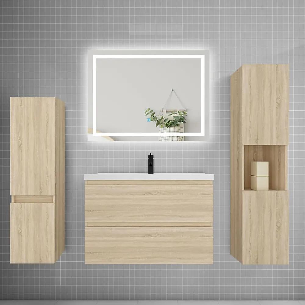 Ensemble Meuble De Salle De Bains|AICA Sanitaire Ensemble meuble de salle de bains 80cm, vasque et colonne et LED miroir,chêne
