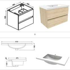 Ensemble Meuble De Salle De Bains|AICA Sanitaire Ensemble meuble de salle de bains 80cm, vasque et colonne et LED miroir,chêne