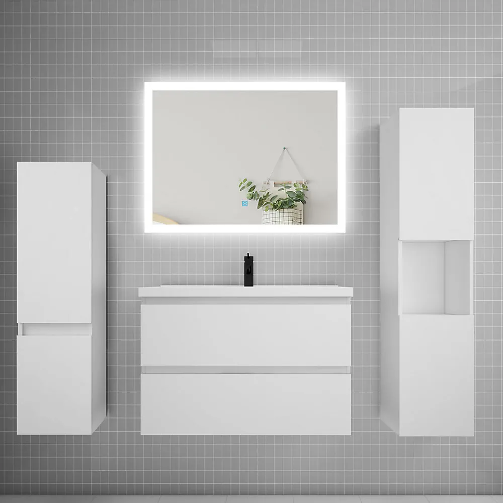 AICA Sanitaire Ensemble meuble de salle de bains 80cm, simple vasque et colonne et LED miroir rectangulaire,blanc