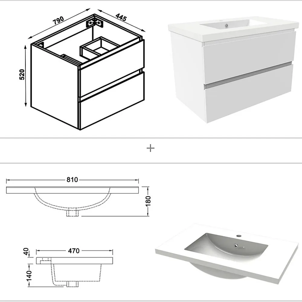 AICA Sanitaire Ensemble meuble de salle de bains 80cm, simple vasque et colonne et LED miroir rectangulaire,blanc