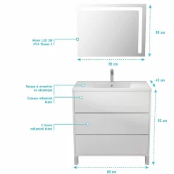 Aurlane Ensemble Meuble de salle de bain blanc 80 cm sur pied 3 tiroirs + vasque ceramique blanche + miroir