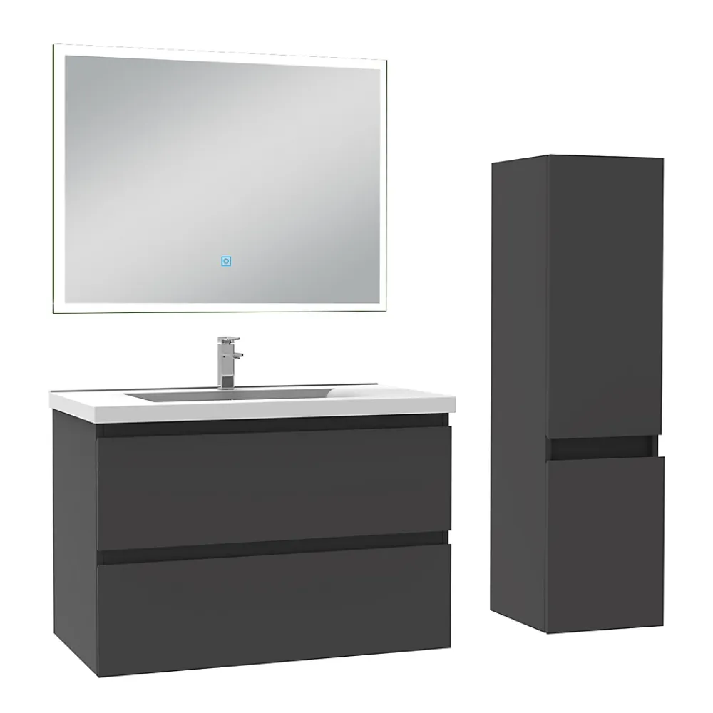 Ensemble Meuble De Salle De Bains|AICA Sanitaire Ensemble meuble de salle de bain 80cm, vasque céramique + colonne + miroir lumineux, anthracite