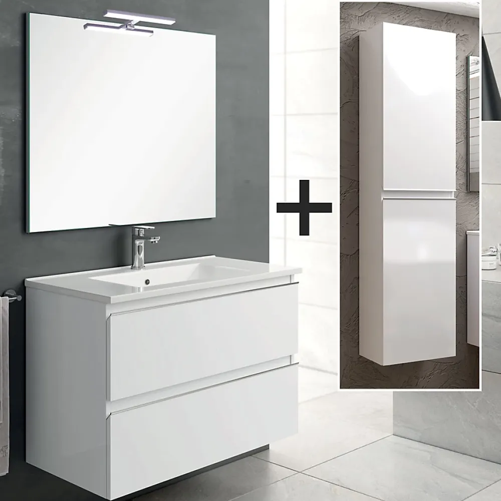 Cosyneo Ensemble meuble de salle de bain 80cm simple vasque + colonne de rangement - BALEA - blanc