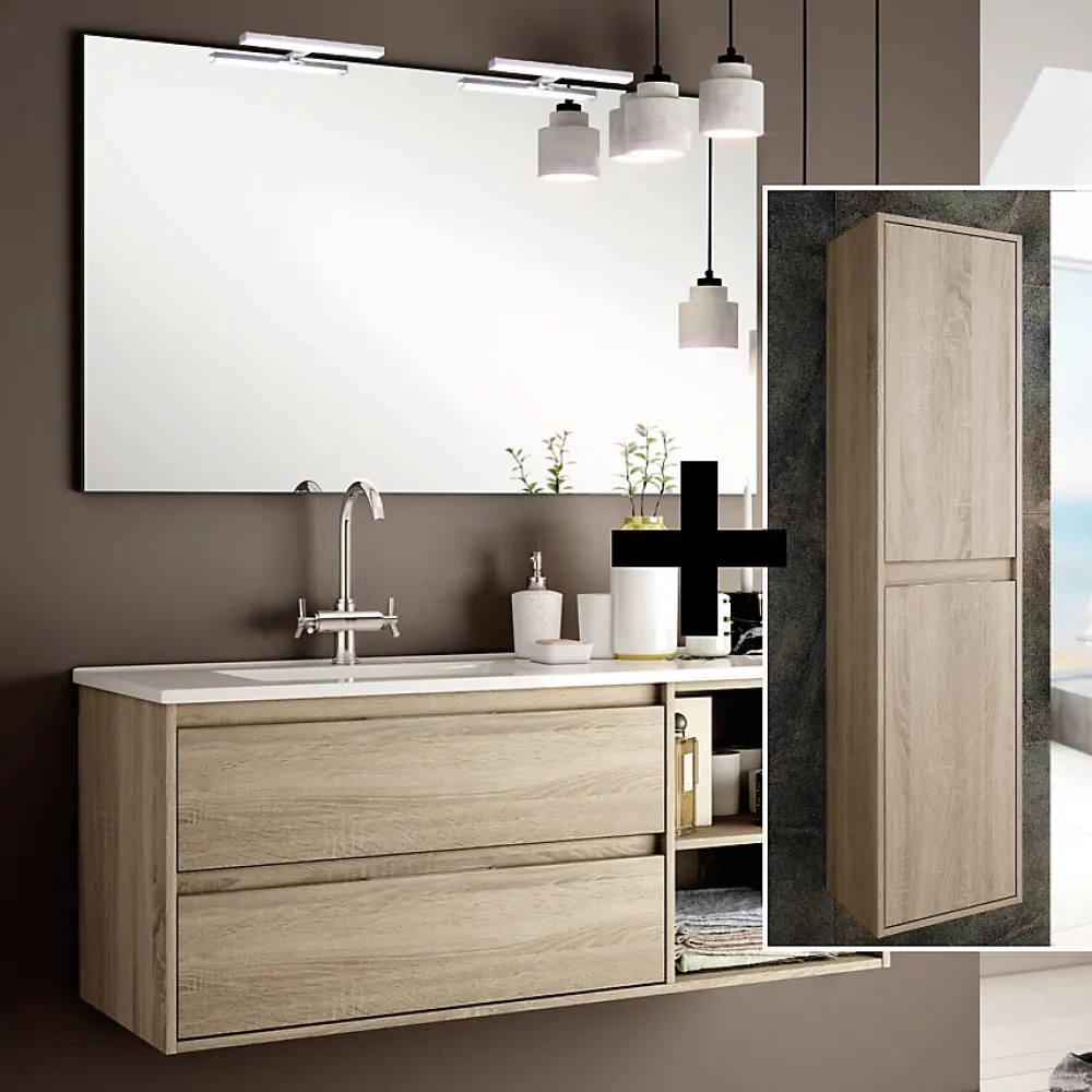 Cosyneo Ensemble meuble de salle de bain 120cm vasque déportée + colonne de rangement OLYMPE - cambrian (chêne)