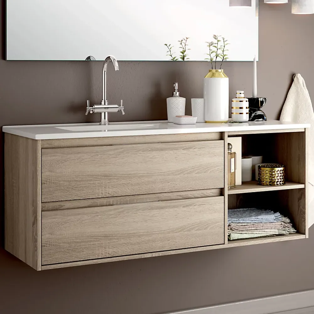 Cosyneo Ensemble meuble de salle de bain 120cm vasque déportée + colonne de rangement OLYMPE - cambrian (chêne)