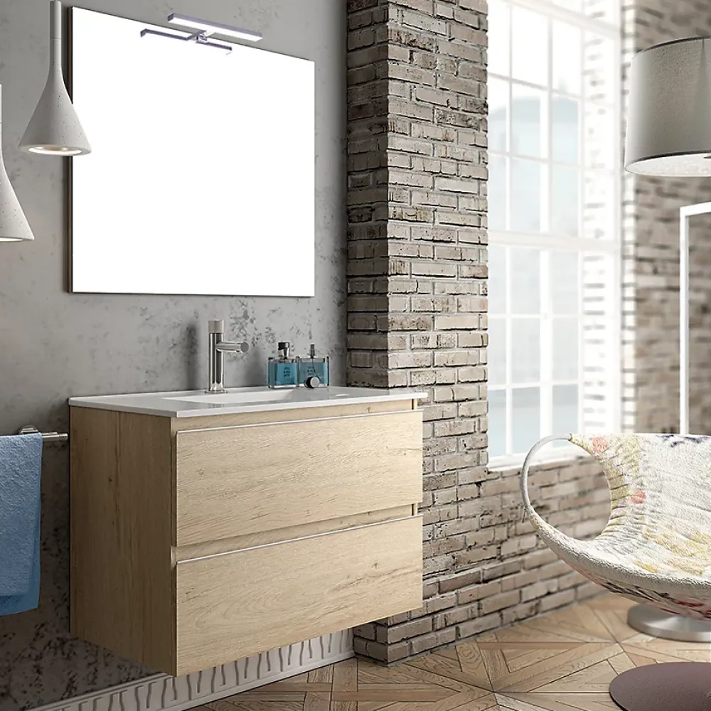 Cosyneo Ensemble meuble de salle de bain 80cm simple vasque + colonne de rangement - BALEA - bambou (chêne clair)