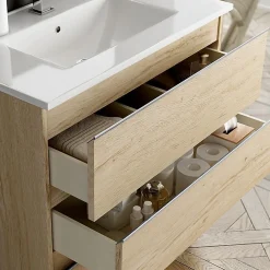 Cosyneo Ensemble meuble de salle de bain 80cm simple vasque + colonne de rangement - BALEA - bambou (chêne clair)