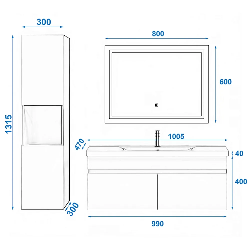 Ensemble Meuble De Salle De Bains|AICA Sanitaire Ensemble meuble de salle de bain 100cm, vasque céramique + colonne + LED miroir, chêne