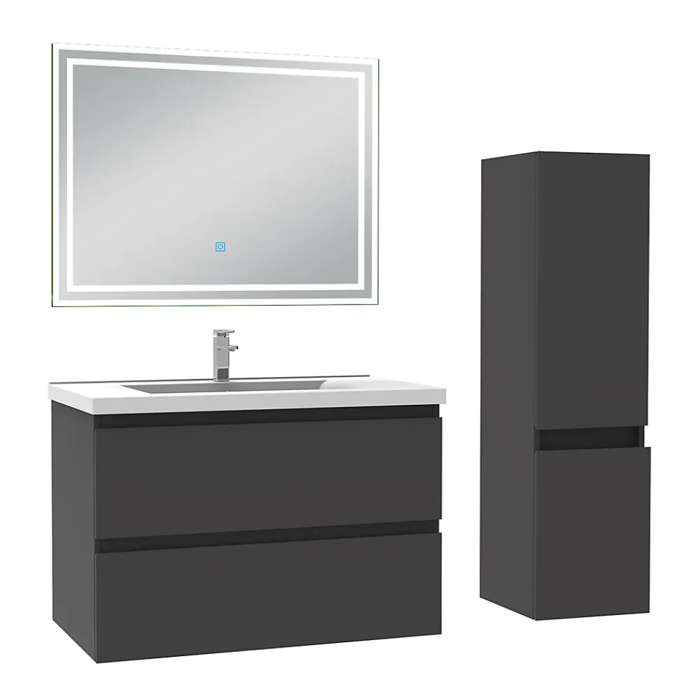 AICA Sanitaire Ensemble meuble de salle de bain 80cm, vasque céramique + colonne + LED miroir rectangulaire, anthracite