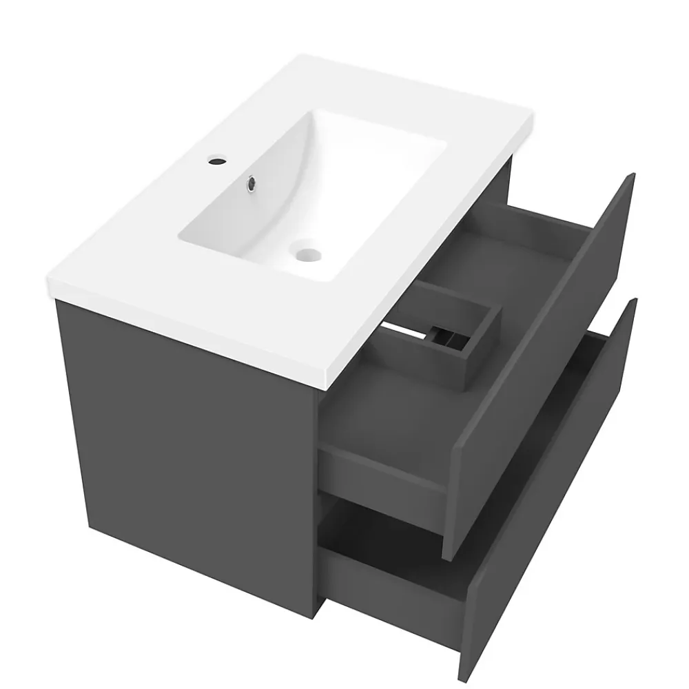 AICA Sanitaire Ensemble meuble de salle de bain 80cm, vasque céramique + colonne + LED miroir rectangulaire, anthracite