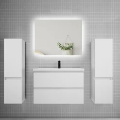 AICA Sanitaire Ensemble meuble de salle de bain et lavabo blanc (L.80cm) 2 tiroirs + meuble haut x2 + lavabo + miroir LED