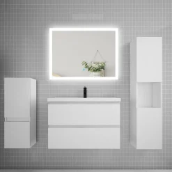 Ensemble Meuble De Salle De Bains|AICA Sanitaire Ensemble meuble de salle de bain 80cm, simple vasque + colonne + LED miroir rectangulaire,blanc