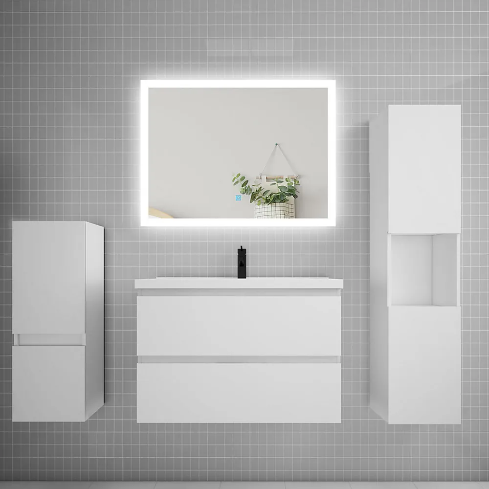 Ensemble Meuble De Salle De Bains|AICA Sanitaire Ensemble meuble de salle de bain 80cm, simple vasque + colonne + LED miroir rectangulaire,blanc