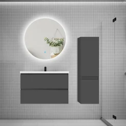 Ensemble Meuble De Salle De Bains|AICA Sanitaire Ensemble meuble de salle de bain et lavabo anthracite (L.80cm) 2 tiroirs + meuble haut + lavabo + miroir rond LED