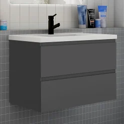 Ensemble Meuble De Salle De Bains|AICA Sanitaire Ensemble meuble de salle de bain et lavabo anthracite (L.80cm) 2 tiroirs + meuble haut + lavabo + miroir rond LED
