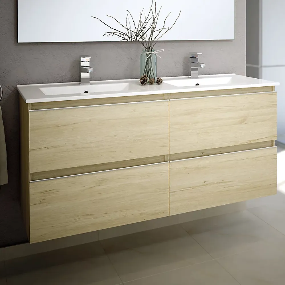 Cosyneo Ensemble meuble de salle de bain 140cm double vasque + colonne de rangement - BALEA - bambou (chêne clair)