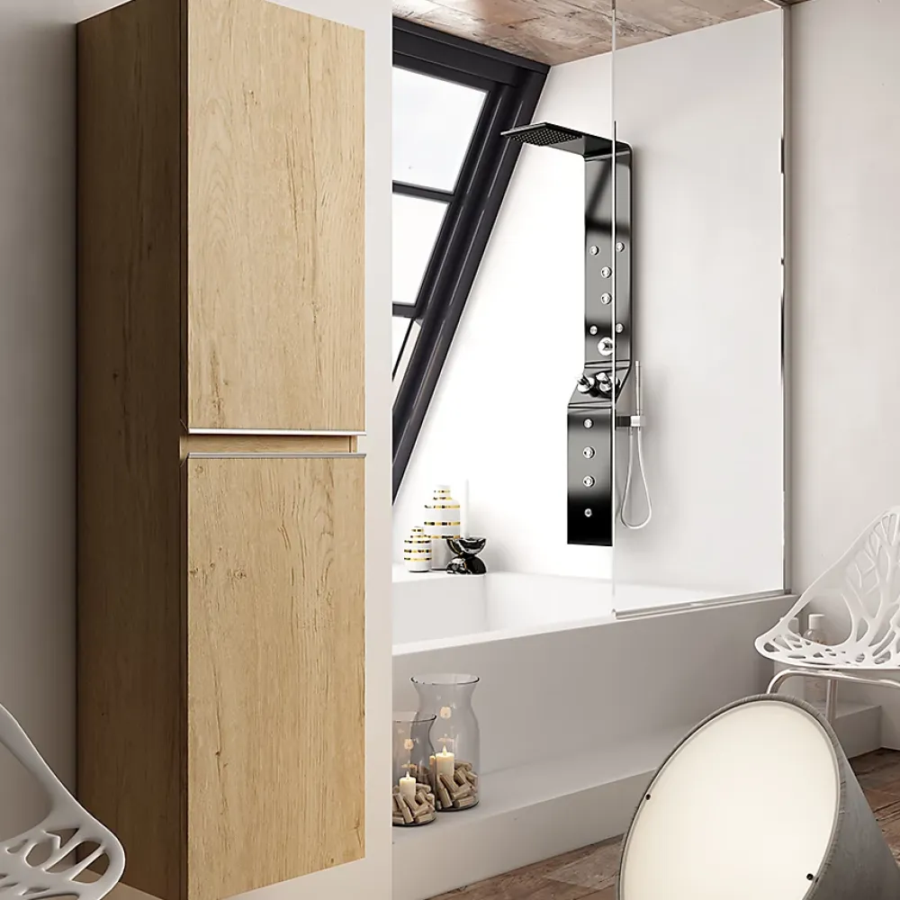 Cosyneo Ensemble meuble de salle de bain 140cm double vasque + colonne de rangement - BALEA - bambou (chêne clair)