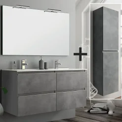 Ensemble Meuble De Salle De Bains|Cosyneo Ensemble meuble de salle de bain 120cm double vasque + colonne de rangement - BALEA - ciment (gris)