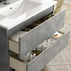 Ensemble Meuble De Salle De Bains|Cosyneo Ensemble meuble de salle de bain 120cm double vasque + colonne de rangement - BALEA - ciment (gris)