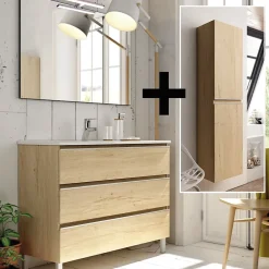 Ensemble Meuble De Salle De Bains|Cosyneo Ensemble meuble de salle de bain 70cm simple vasque + colonne de rangement PALMA - bambou (chêne clair)