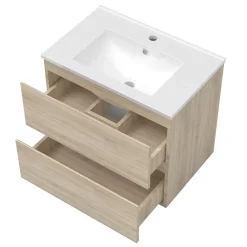 AICA Sanitaire Ensemble meuble de salle de bains 80cm, simple vasque + colonne + LED miroir rectangulaire,chêne