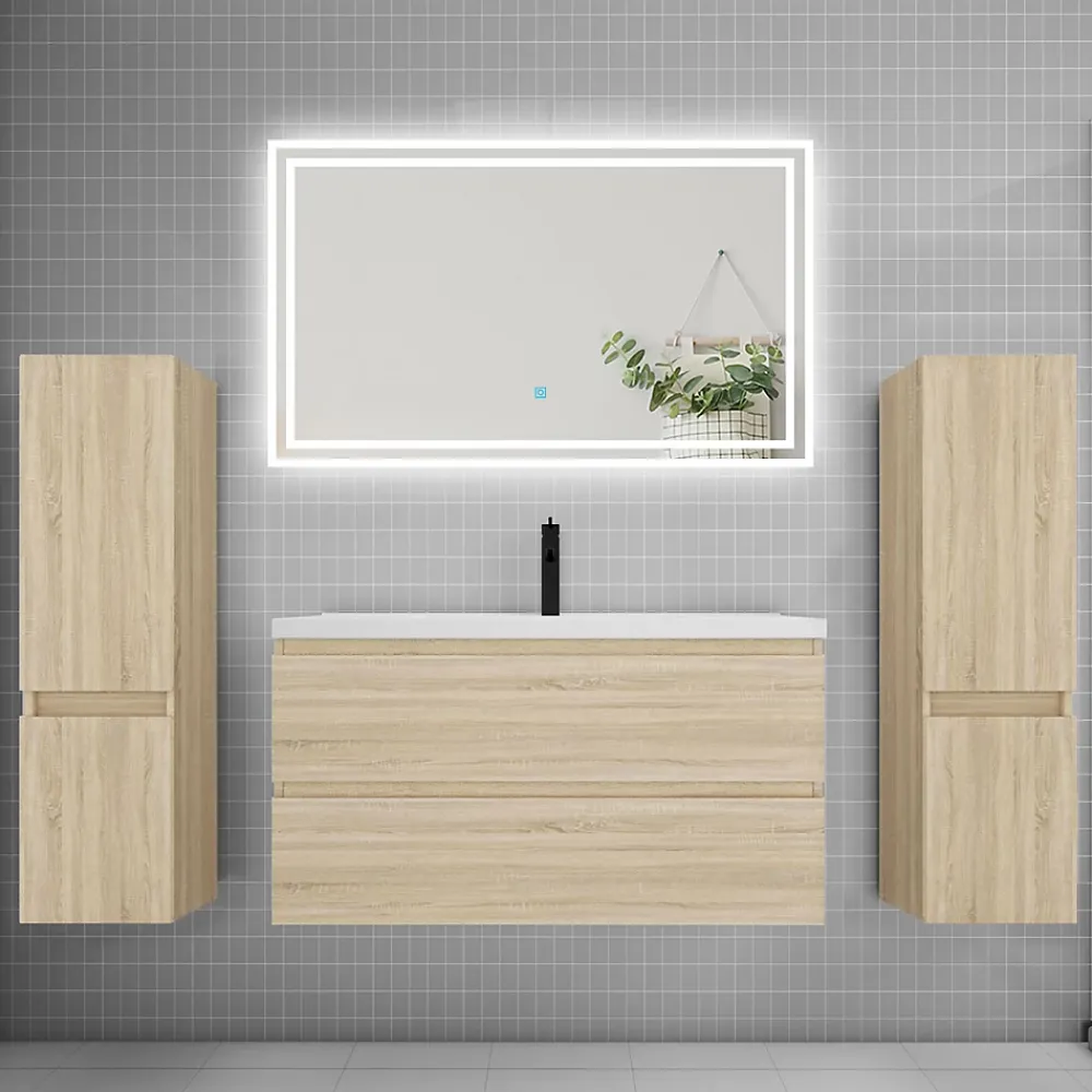 Ensemble Meuble De Salle De Bains|AICA Sanitaire Ensemble meuble de salle de bains 100cm, simple vasque + colonne + LED miroir,chêne