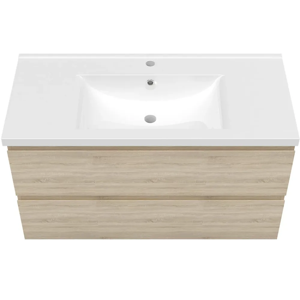Ensemble Meuble De Salle De Bains|AICA Sanitaire Ensemble meuble de salle de bains 100cm, simple vasque + colonne + LED miroir,chêne