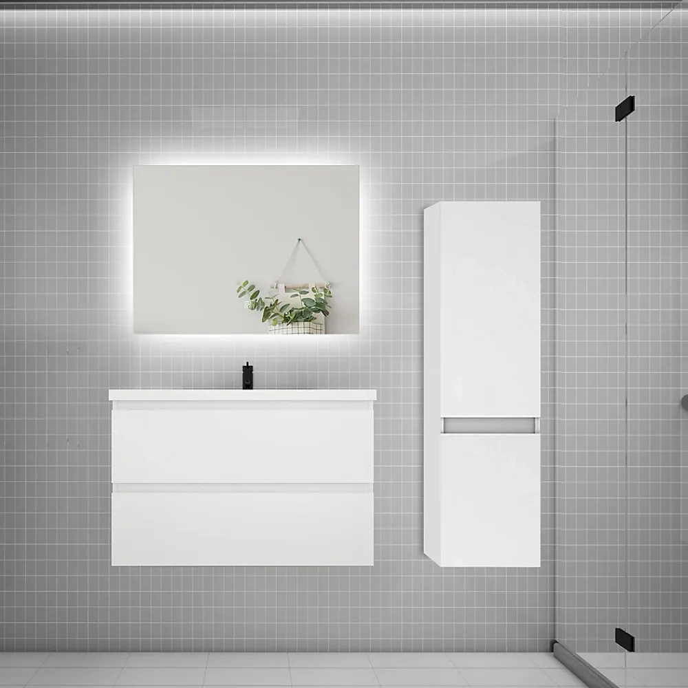 Ensemble Meuble De Salle De Bains|AICA Sanitaire Ensemble meuble de salle de bain et lavabo blanc (L.80cm) 2 tiroirs + meuble haut + lavabo + miroir LED