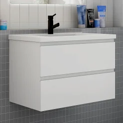 Ensemble Meuble De Salle De Bains|AICA Sanitaire Ensemble meuble de salle de bain et lavabo blanc (L.80cm) 2 tiroirs + meuble haut + lavabo + miroir LED