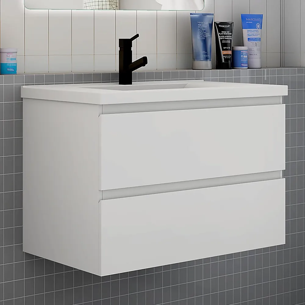 Ensemble Meuble De Salle De Bains|AICA Sanitaire Ensemble meuble de salle de bain et lavabo blanc (L.80cm) 2 tiroirs + meuble haut + lavabo + miroir LED