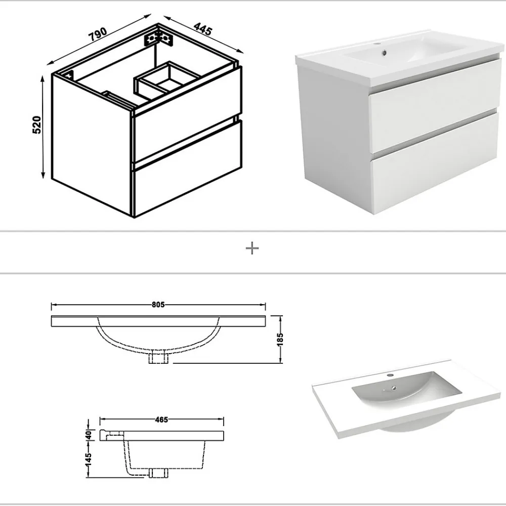 Ensemble Meuble De Salle De Bains|AICA Sanitaire Ensemble meuble de salle de bain et lavabo blanc (L.80cm) 2 tiroirs + meuble haut + lavabo + miroir LED