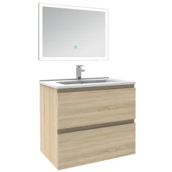 Ensemble Meuble De Salle De Bains|AICA Sanitaire Ensemble meuble de salle de bain 60cm, vasque céramique et LED miroir rectangulaire, chêne