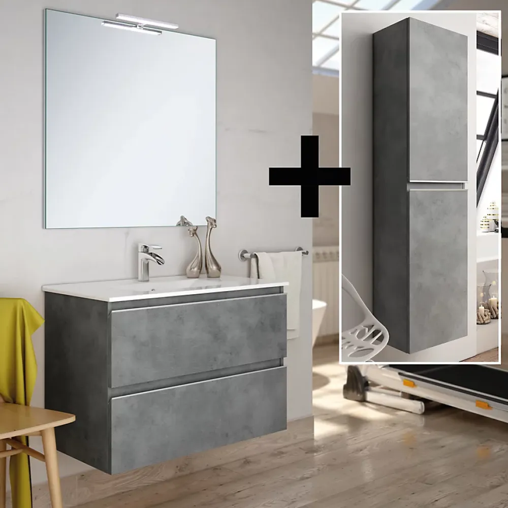 Ensemble Meuble De Salle De Bains|Cosyneo Ensemble meuble de salle de bain 60cm simple vasque + colonne de rangement - BALEA - ciment (gris)