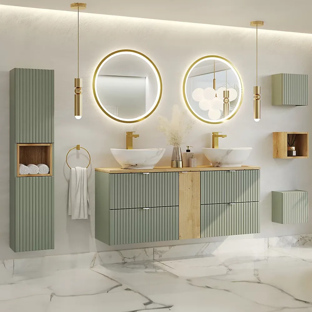 Petits-Meubles Ensemble meuble double vasque 140cm 4 tiroirs miroirs LED colonne et 3 armoires murales Jade Vert et Bois