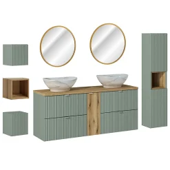 Petits-Meubles Ensemble meuble double vasque 140cm 4 tiroirs miroirs LED colonne et 3 armoires murales Jade Vert et Bois