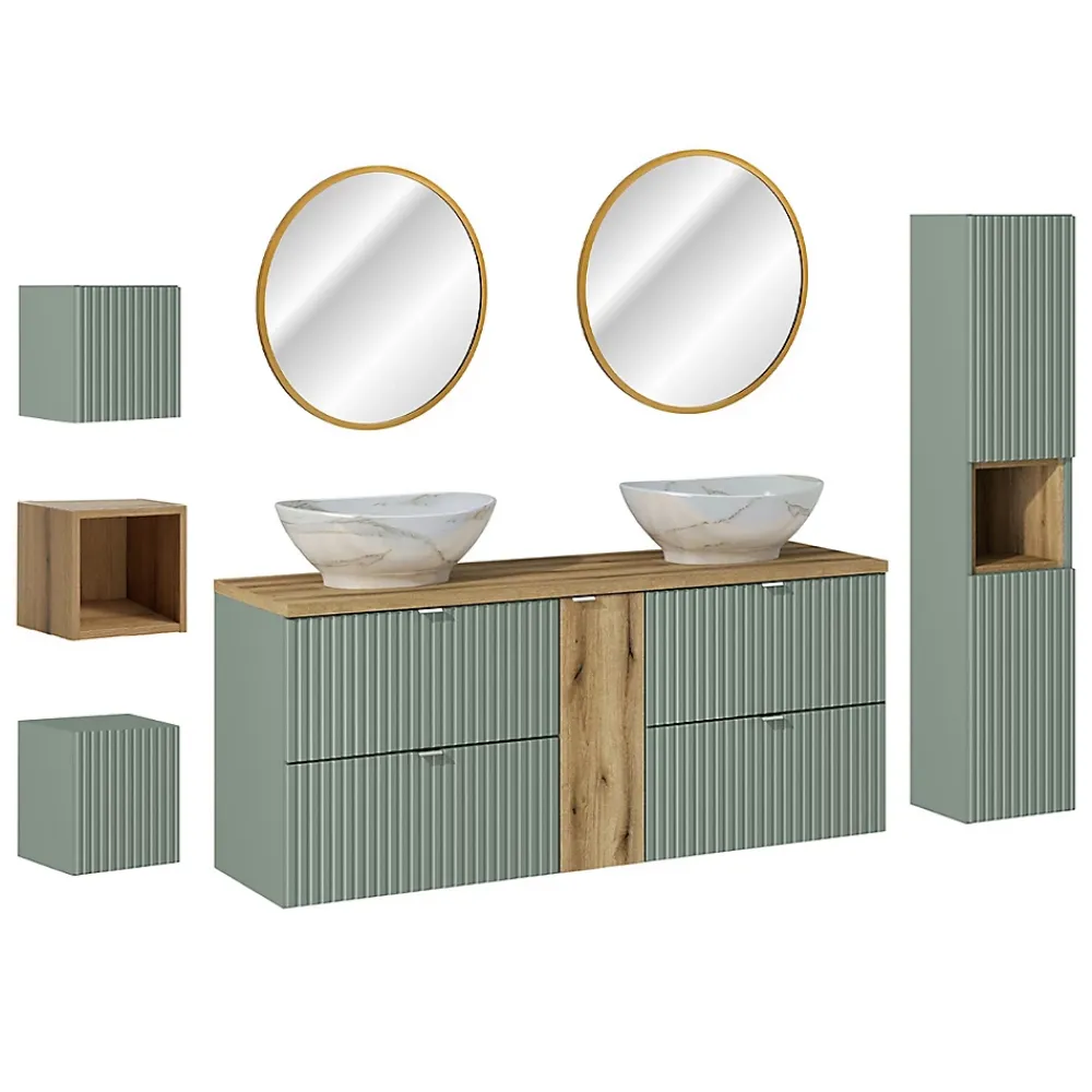 Petits-Meubles Ensemble meuble double vasque 140cm 4 tiroirs miroirs LED colonne et 3 armoires murales Jade Vert et Bois